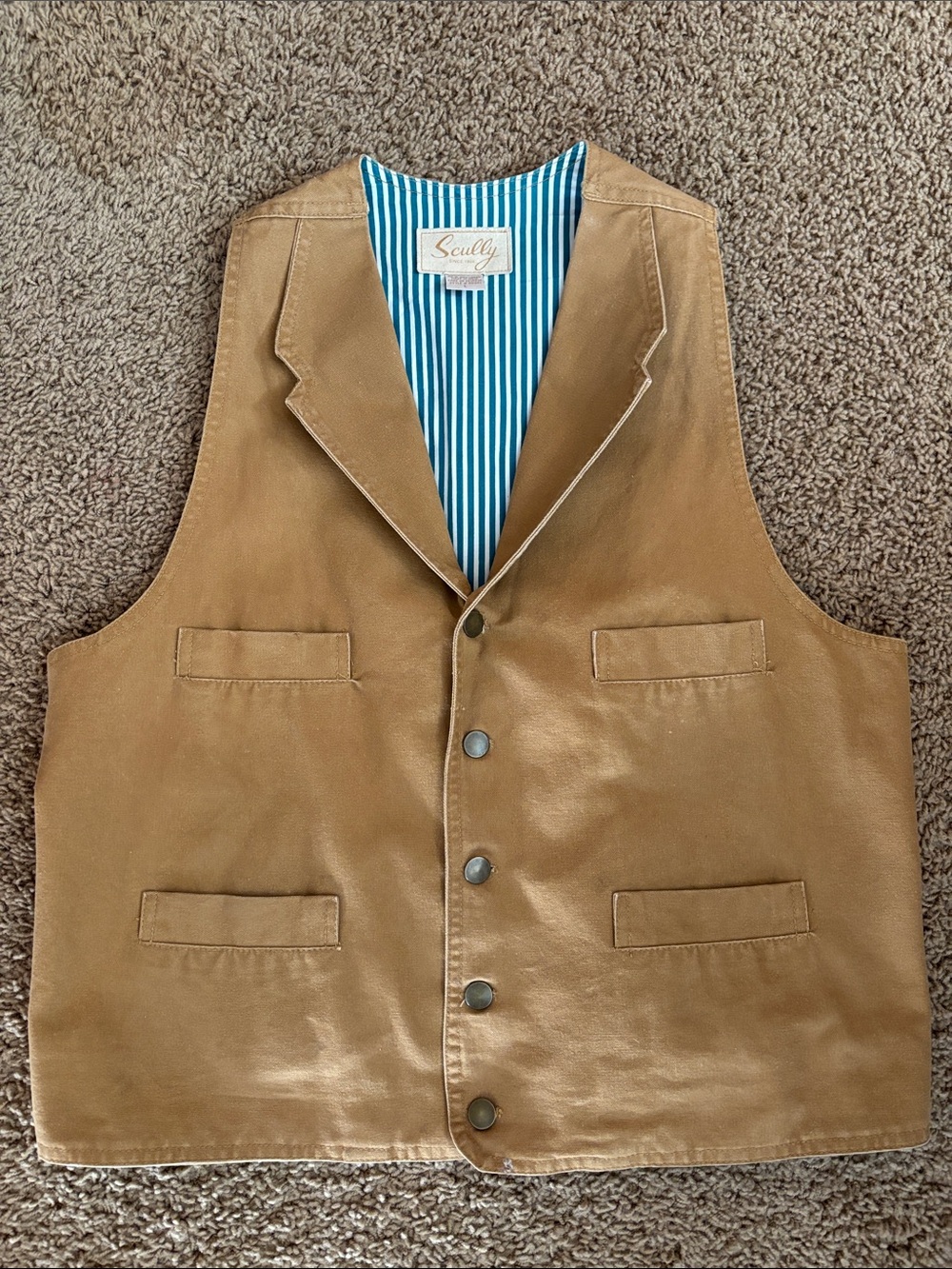 Scully Men's Brown Canvas Vest with Blue-Striped Lining
